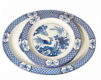 Vintage Wood & Sons Yuan Blue and White Plates and  Serving Platter Frederick Rhead Staffordshire  Chinoiserie Transferware Sold Separately