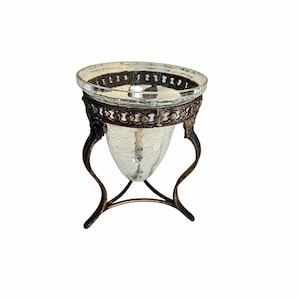 Vintage Crackle Glass Vase with Ornate Brass Stand - 7" Centerpiece