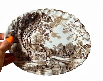 Vintage Johnson Brothers Cotswold Brown ovale Platte, ausgebogter Keramikteller