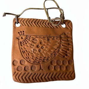 Handmade Terracotta Bird Wall Hanging | Rustic Folk Art Clay Plaque with Leather Strap