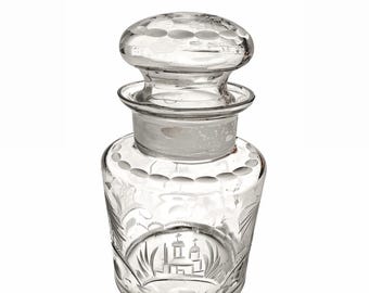 Vintage Etched Glass Perfume Bottle with Stopper – Floral Botanical Design – American Brilliant Style Small Decanter – Vanity Decor