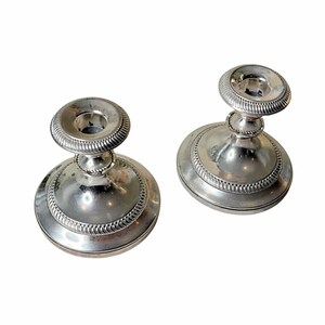 Pair Vintage Silver-Plated Candlesticks – Low Profile Heavy Base w/ Gadroon Detail – Classic Traditional Taper Holders – Elegant Table Decor