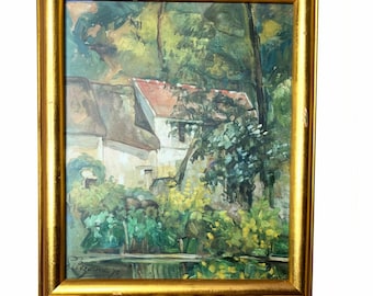 Vintage Framed Paul Cézanne "House of Père Lacroix" Art Print – Ornate Gold Frame – Post-Impressionist Landscape Wall Decor