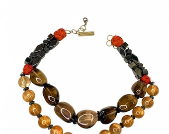 Vintage Oscar de la Renta Layered Statement Necklace | Chunky Acrylic Beads | Brown Blue Amber Multi Strand Designer Necklace
