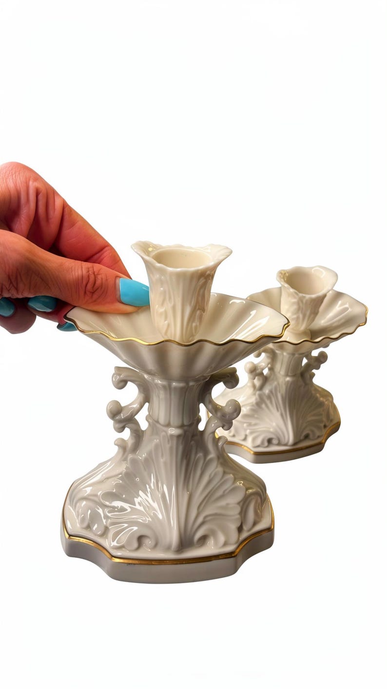 May include: Two white porcelain candle holders featuring a scalloped bobeche and a central socket. The base and rim are decorated with intricate embossed leaf patterns and finished with a thin gold trim along the edges of the base and the bobeche.