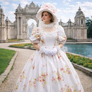 白い花柄のコルセットドレス、18世紀のガウン、ボンネット付きのローブ・ア・ラ・フランセーズ風コスチューム