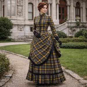 Yellow Tartan Plaid Victorian Bustle Dress, 1880s Era, Dark Academia Gothic Cosplay Reenactment Clothing