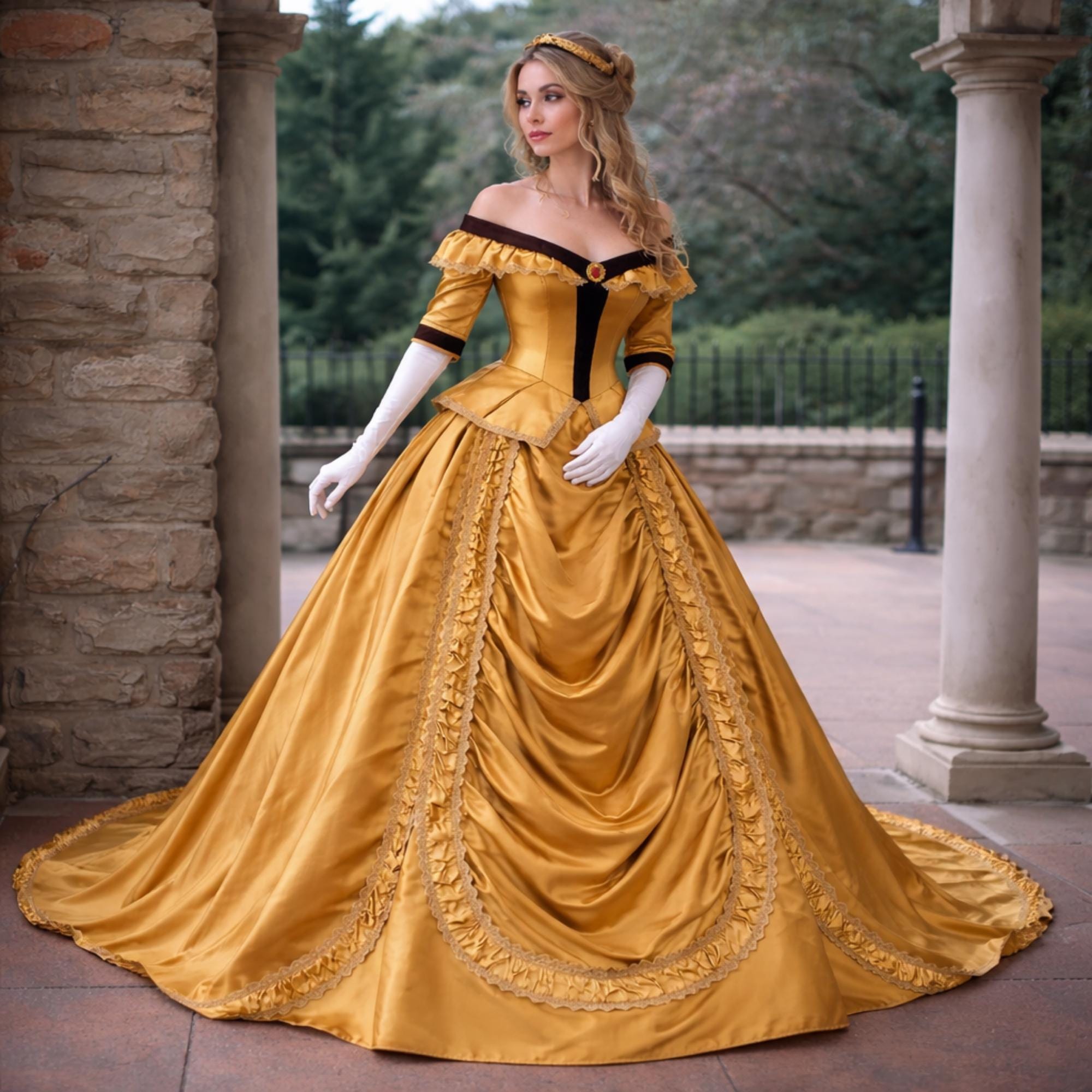 Gold Satin Victorian Ball Gown, Masquerade Dress, Corset Back, Off Shoulder, Train