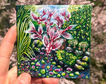 Hand-Painted Flying Koi Fish Lily Pond Acrylic Art, Whimsical Miniature Nature Painting