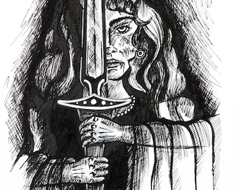 Original Tusche Zeichnung, Kriegerin, Schwertkunst, Schwarz Weiss Gemälde