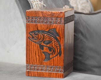 Wooden Fish Cremation Personalized Urn with Hand Carved Fishing Design