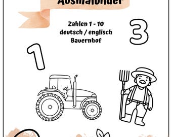 May include: Black and white coloring page with farm-themed illustrations. Includes a chicken, tractor, farmer, and carrot. Numbers 1, 2, and 3 are also featured. Text in German and English reads "eight chickens" and "Ausmalbilder".