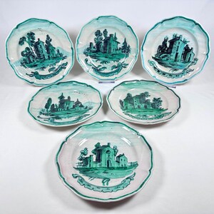 Vintage Italian Majolica Plates Set of 6, Hand Painted G.G. Signed Landscape Plates, Italian Faience Circa 1930s