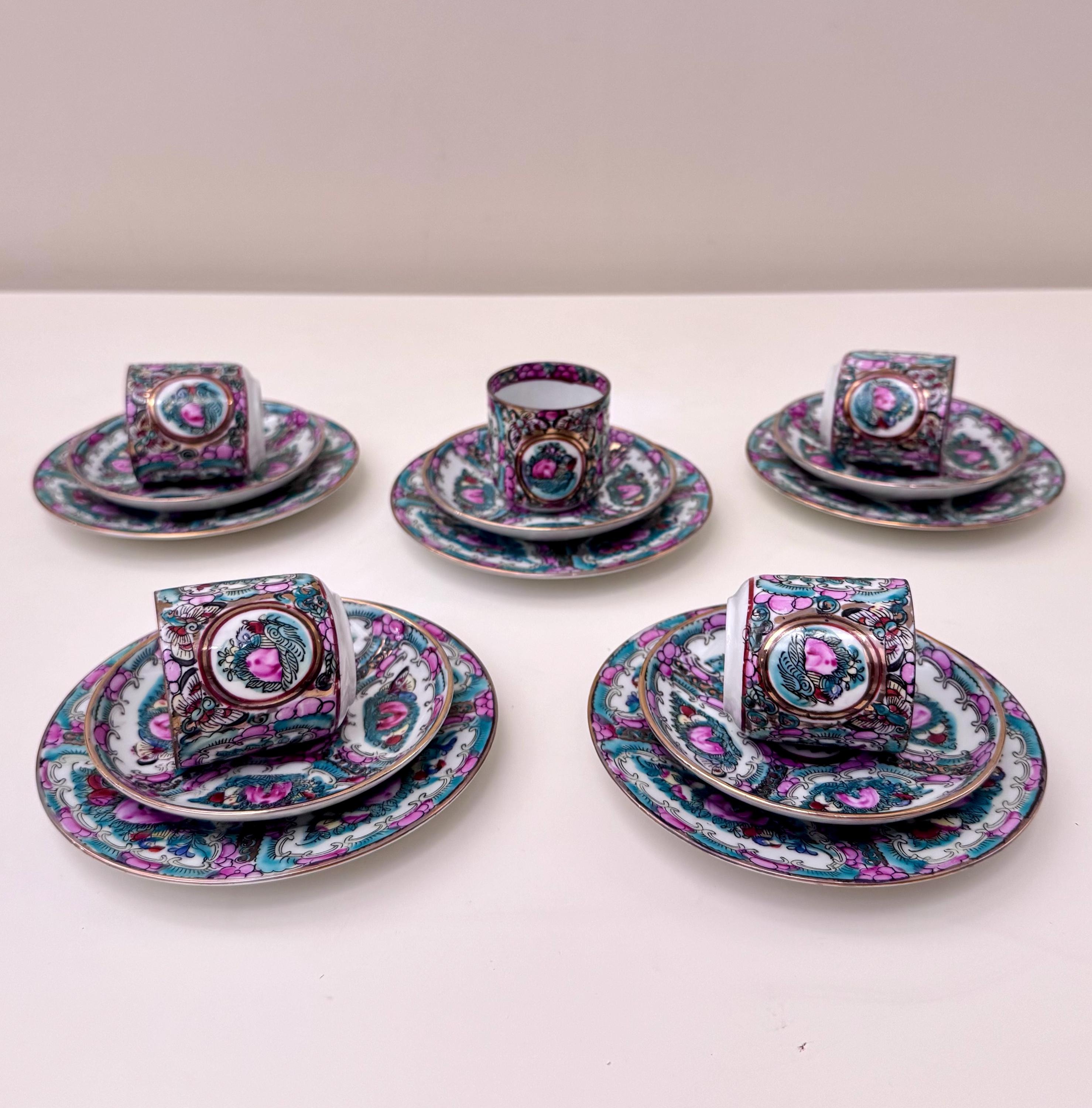 Vintage Chinese Famille Rose Coffee Set, 5 Porcelain Cups With Saucers ...