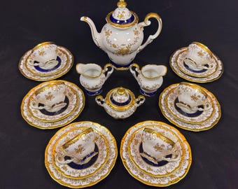 Vintage Weimar Porzellan Katharina 7222 Teeservice für 6, Echt Weimar Kobalt, Kaffeekanne, Zuckerdose, Milchkännchen, hergestellt in der DDR