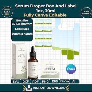 30ml Dropper Bottle Box & Label Template | Canva Editable Packaging Kit | Serum Box Dieline | Svg Ai Pdf Dxf Png | Printable Ready