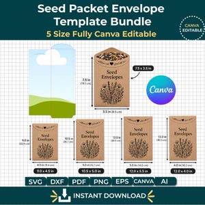 以下が含まれることがあります： 5種類のサイズの種袋用テンプレートバンドル。茶色の紙製封筒には、黒い花のイラスト、Seed Envelopesの文字、19.1 x 8.9 cmから30.5 x 14.0 cmまでの寸法が記載されています。Canva、SVG、DXF、PDF、PNG、EPS、AIのファイル形式が含まれています。