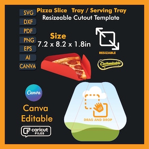 Puede incluir: Una plantilla digital para una bandeja de porción de pizza, con un diseño recortado en rojo que contiene una porción de pizza. La plantilla mide 18.3 x 20.8 x 4.6 cm y es editable en Canva. Incluye formatos SVG, DXF, PDF, PNG, EPS y AI.
