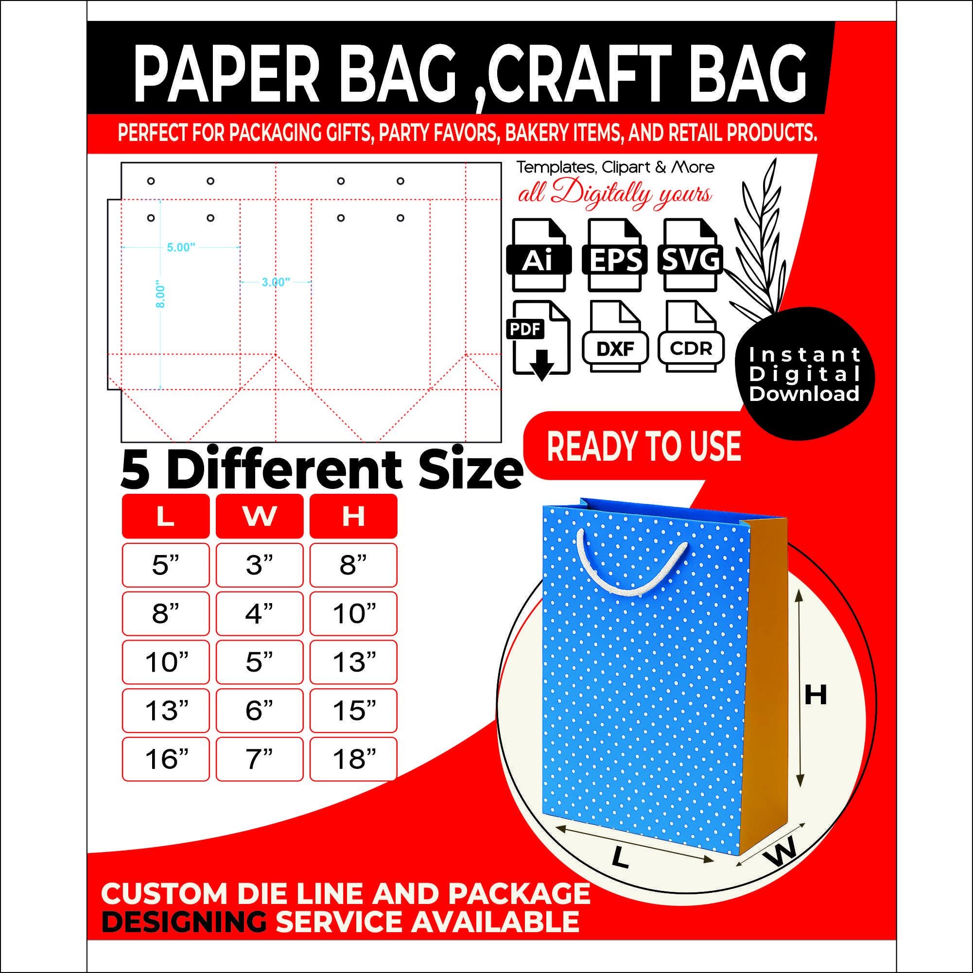 5 Paper Bag Dieline Bundle, Gift Bag Die Cut Templates, Shopping Bag ...