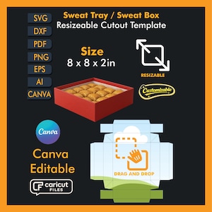 May include: A digital template for a sweat tray or sweat box, with a red box containing golden-brown squares. The template is 8 x 8 x 2 inches and is resizable and customizable. Includes SVG, DXF, PDF, PNG, EPS, AI, and Canva file formats.