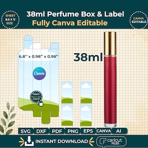 Puede incluir: Una plantilla de caja de perfume de 38 ml y diseño de etiqueta con un diseño de 17,27 cm por 2,49 cm por 2,49 cm, con un logotipo de Canva, iconos de arrastrar y soltar, y un frasco de perfume cilíndrico rojo con tapa dorada sobre fondo cuadriculado.