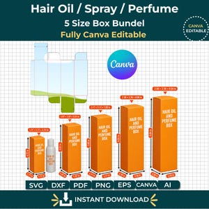 Może przedstawiać: Cyfrowy szablon pięciu rozmiarów prostokątnych pudełek z etykietą Hair Oil and Perfume Box, zawierający pomarańczowe pudełka o wymiarach od 4,5 cm x 4,5 cm x 12 cm do 6,5 cm x 6,5 cm x 25 cm, białą butelkę oraz płaski rozkład pudełka.