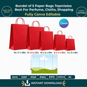 May include: A bundle of five red paper bags in varying sizes, ranging from 16 x 7 x 18 inches to 5 x 3 x 8 inches, with a flat template design featuring a landscape graphic. The text includes Bundel of 5 Paper Bags Tepmlates, Fully Canva Editable, and file formats.