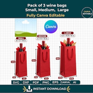 Może przedstawiać: Zestaw trzech czerwonych toreb na wino w rozmiarach małym, średnim i dużym. Mała torba ma wymiary 10,16 x 7,62 x 35,56 cm, średnia 12,7 x 10,16 x 38,1 cm, a duża 16,51 x 12,19 x 40,64 cm. Każda torba zawiera butelkę wina i bibułkę.