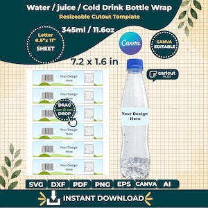 Pode incluir: Uma garrafa de água de plástico transparente com tampa azul, ao lado de um modelo para um rótulo de garrafa de água. O modelo inclui o texto "Your Design Here" e "345ml". O modelo tem 18.3 x 4.1 cm.