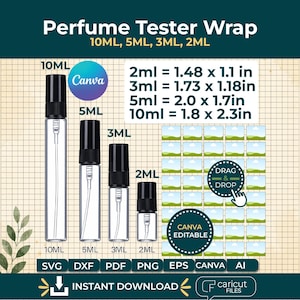 Puede incluir: Una plantilla digital para etiquetas de muestras de perfume con cuatro frascos de vidrio transparente con tapa negra de 2ml, 3ml, 5ml y 10ml. Incluye dimensiones en pulgadas, una cuadrícula de arrastrar y soltar y formatos SVG, DXF, PDF, PNG, EPS, Canva y AI.