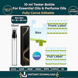 Puede incluir: Un frasco pulverizador de vidrio transparente de 10 ml con bomba negra, una caja rectangular negra con líneas doradas onduladas, una plantilla de caja y varias plantillas de etiquetas. Texto: 10 ml Tester Bottle, Box Size 18 x 18 x 125 mm, Canva Editable.
