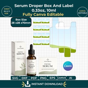 May include: A digital template for a serum dropper box and label, featuring a 0.33oz, 10ml capacity. The set includes a box die-cut layout, a serum bottle with a black dropper, and a label design, all editable in Canva with 28x28x70mm box dimensions.