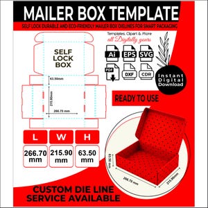 Mailer Box Dieline Template | Packaging Layout Download | Custom Diecut Box SVG | Printable Folding Box File | Kraft Mailer PDF | Self Lock