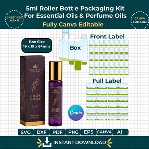 Op de afbeelding: Een 5ml rollerfles verpakkingsset voor etherische oliën en parfumoliën, inclusief een paarse doos en fles met gouden accenten, een doossjabloon, vellen met etiketten, en tekst met 19 x 19 x 64mm doosafmeting en 8,5 x 11 velformaat.