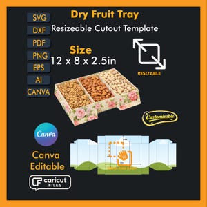 May include: A floral-patterned dry fruit tray with three compartments, filled with walnuts, almonds, and pistachios. The tray measures 12 x 8 x 2.5 inches and is a resizeable cutout template. The design is customizable and Canva editable.