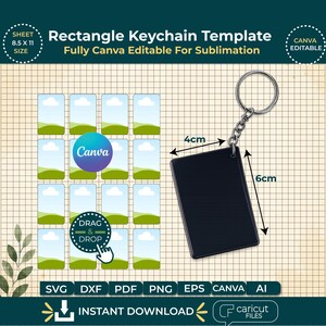 Puede incluir: Una plantilla digital de llavero rectangular para sublimación con el texto Rectangle Keychain Template Fully Canva Editable For Sublimation. La hoja mide 8,5 x 11 pulgadas y presenta una cuadrícula de rectángulos vacíos, un logotipo de Canva y un llavero negro.