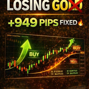 May include: A financial graphic with the text "STOP LOSING GOLD" and "+949 PIPS FIXED." A chart shows green and red bars with "BUY" and "SELL" labels. US dollar bills are in the foreground.
