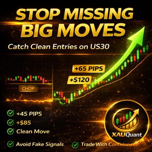 Może przedstawiać: Grafika promocyjna z napisem "STOP MISSING BIG MOVES" w kolorze złotym. Zawiera wykres giełdowy z zieloną strzałką skierowaną w górę oraz tekst "Catch Clean Entries on US30". Dodatkowy tekst zawiera "+65 PIPS", "+$120" i "XAUQuant".