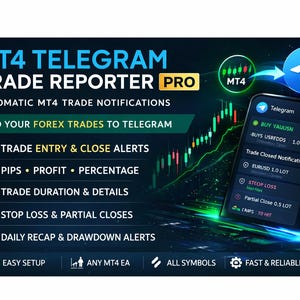 Op de afbeelding: Een promotionele afbeelding voor MT4 Telegram Trade Reporter Pro. De afbeelding toont een smartphone met Telegram-meldingen, samen met pictogrammen en tekst met details over functies zoals handelswaarschuwingen, winsttracking en eenvoudige installatie. Het kleurenschema is donkerblauw en groen.