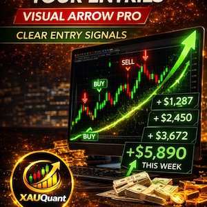 May include: A promotional image for a financial tool. The image features a laptop displaying a stock chart with green and red lines, arrows, and text. The text includes "STOP GUESSING YOUR ENTRIES" and "VISUAL ARROW PRO". Stacks of cash and gold coins are also visible.