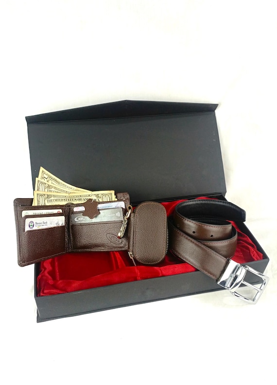 Custom Engraved Leather Gift Box – Leather Wallet, Belt Keychain
