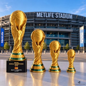 May include: Four gold-coloured trophy replicas of varying sizes, each featuring a figure holding a globe. The largest trophy sits on a black rectangular base with text reading SPAIN WORLD CHAMPIONS 2026, Spain 1-0 Argentina, 19.07.2026.