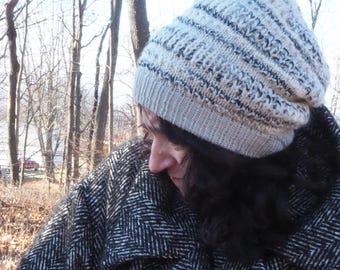 Merino Wool Knit Slouchy Beanie: Black and White Winter Hat
