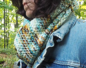 Knit Merino Cowl: Gold, Browns, and Turquoise variegated