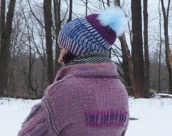 Knit Brioche Beanie: Two-Color Purple Blue Hat with Faux Fur Pompom