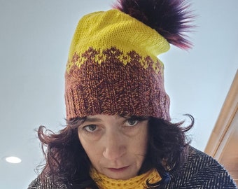 Yellow Merino Wool Knit Beanie: Faux Fur Pom Pom Hat