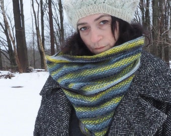 Hand Knit Striped Cowl Scarf: Merino Wool Blend, Steel Blue Alpaca