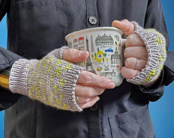 Knit Merino Fingerless Gloves, Green and Grey Fingerless Mitts