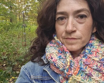 Knit Bulky Cowl: Pink and Rainbow Striped