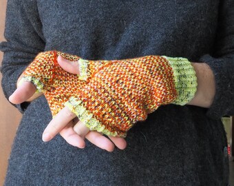 Knit Fingerless Merino Wool Gloves: Striped Adult Mitts